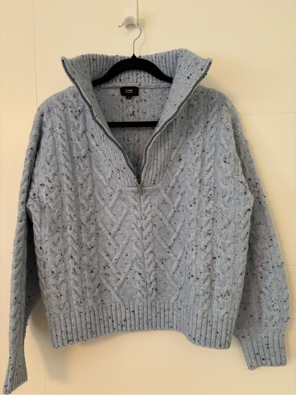 LINE Speckled Light Blue Cable-Knit Half-Zip Turtleneck Sweater
